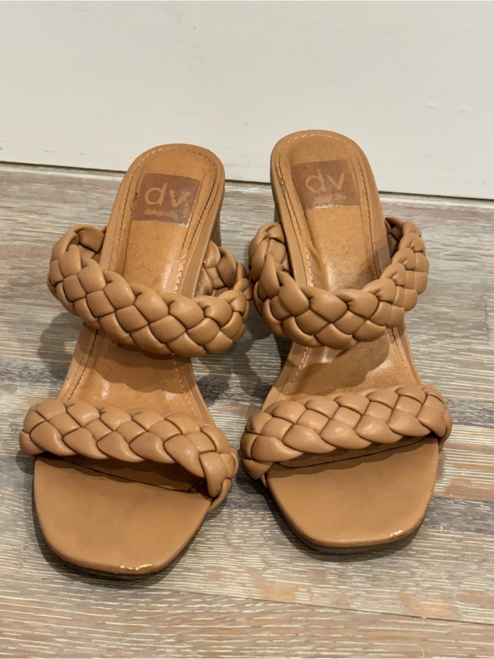 Dolce Vita Women’s 7.5 Tan Braided Strappy Slide Sandals High Block Heel